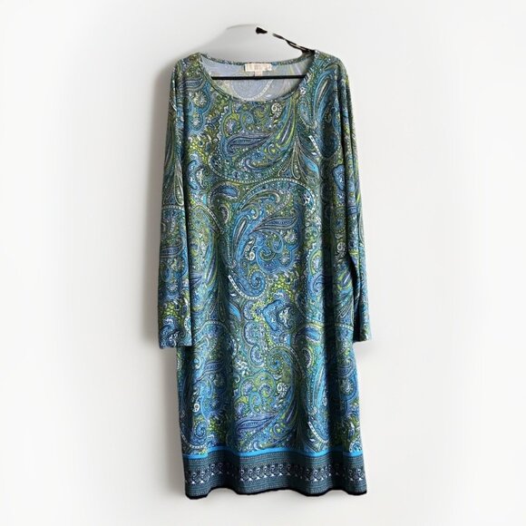 Michael Kors Women's Jersey Shift Dress Size 2X Stretch Paisley‎ Blue Green - Picture 1 of 7